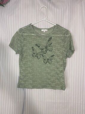 Ultra Flirt Lace Top Womens XL Green Sheer Floral Butterfly Graphic Short Sleeve